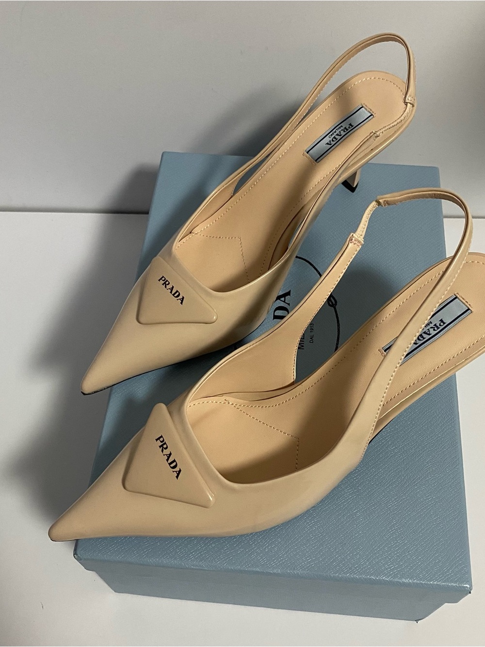 Prada Nude Pointed Toe Slingback Heels